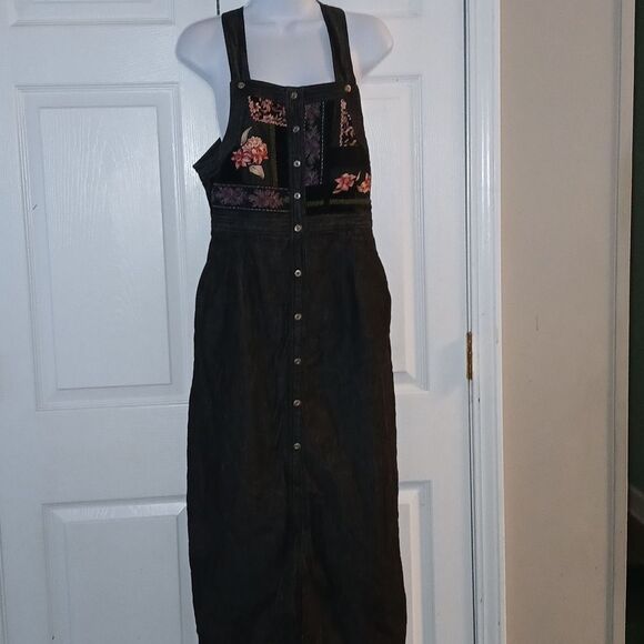 Susan Bristol Vintage Cottagecore Black Overall Denim Floral Midi Dress Sz 4 - Picture 1 of 7